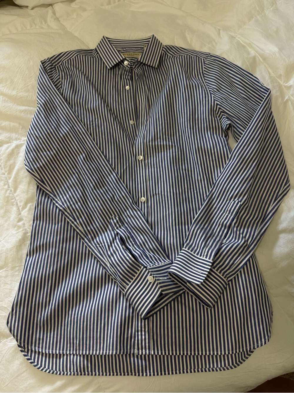 Burberry Navy and White Vertical Stripe Dress Shirt